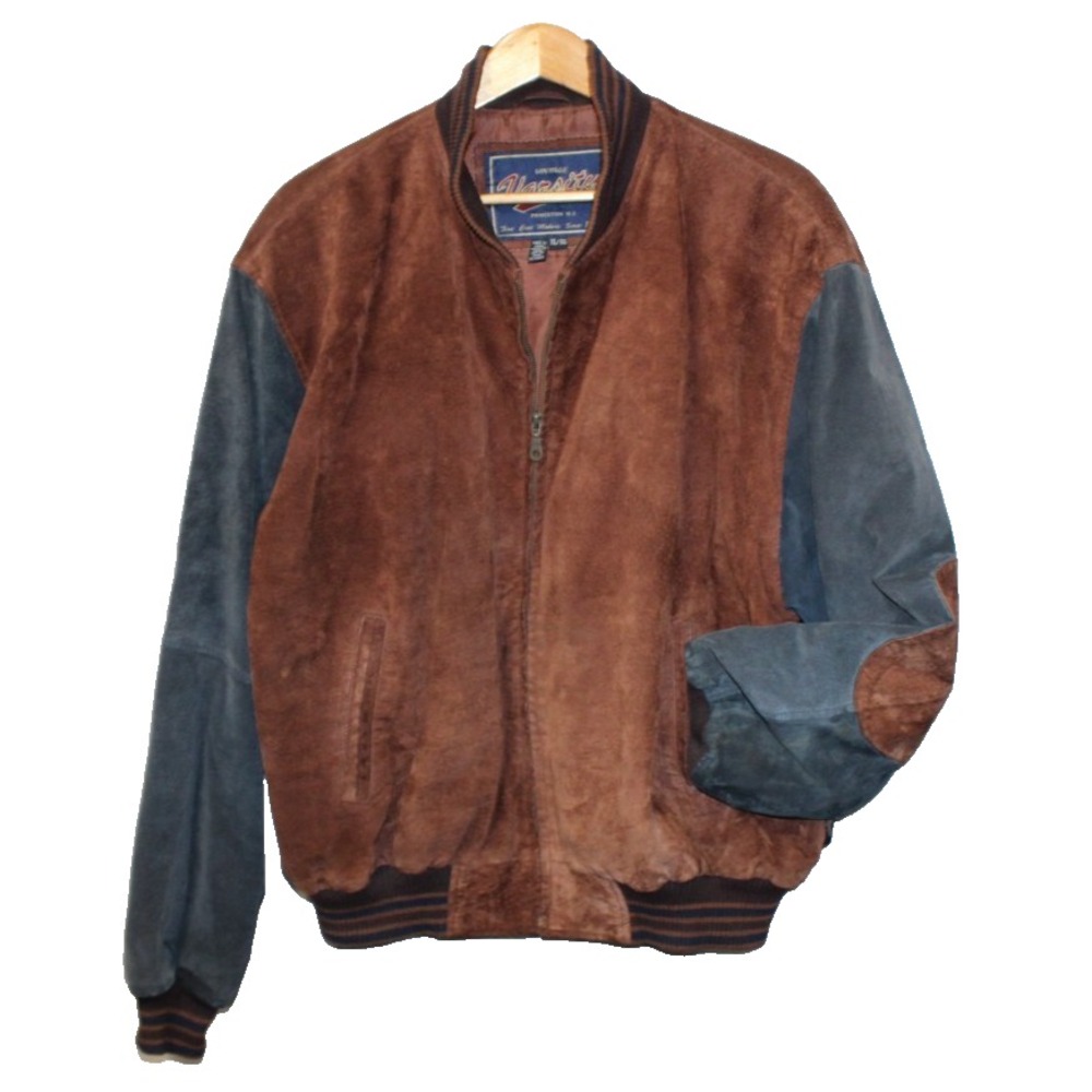Vintage Varsity Suede Leather Bomber Jacket Mens XL Brown Blue Elbow Patch Coat
